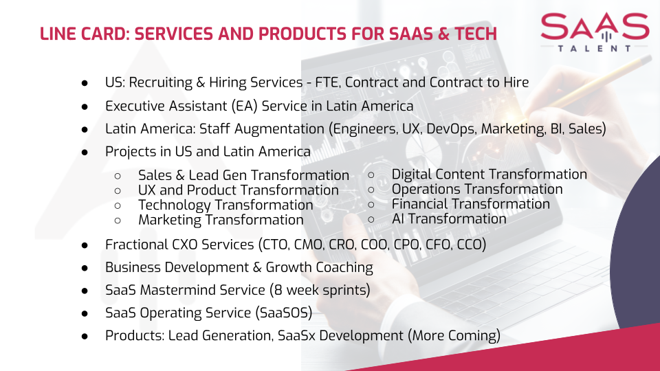SaaS Talent - Line Card of Services and Products for SaaS and Tech